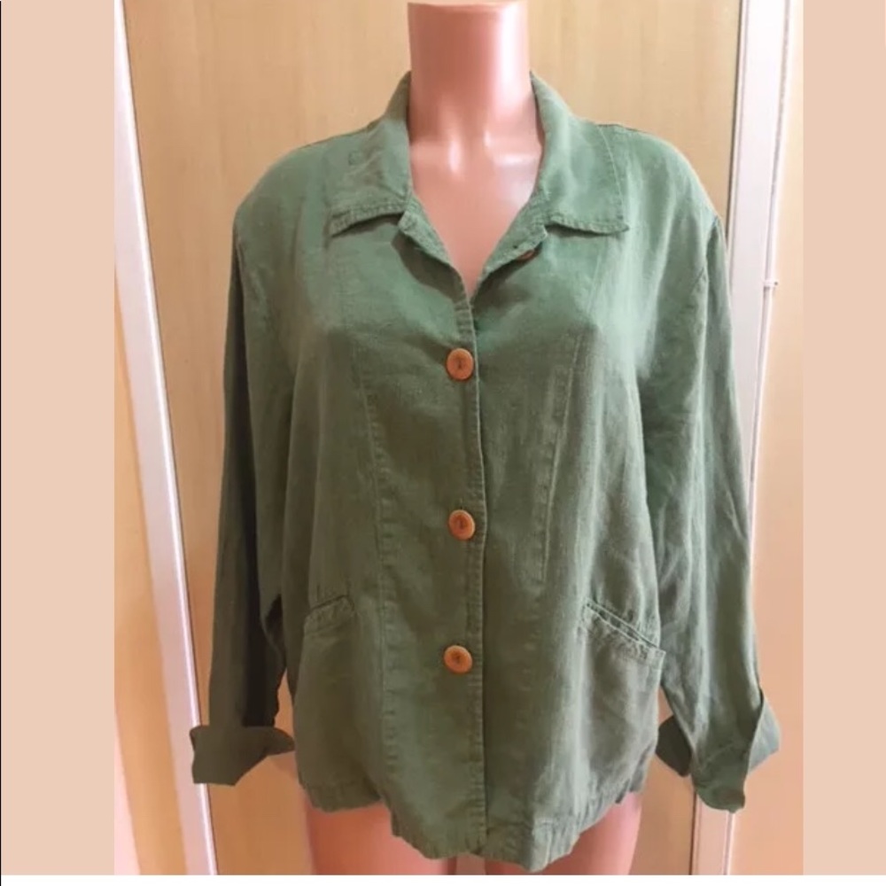 Flax Army Green Linen Button Down Jacket M